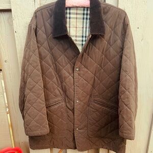 Quilted Brown Burberry Barn Jacket w/ Corduroy Collar & Plaid Lining Sz L